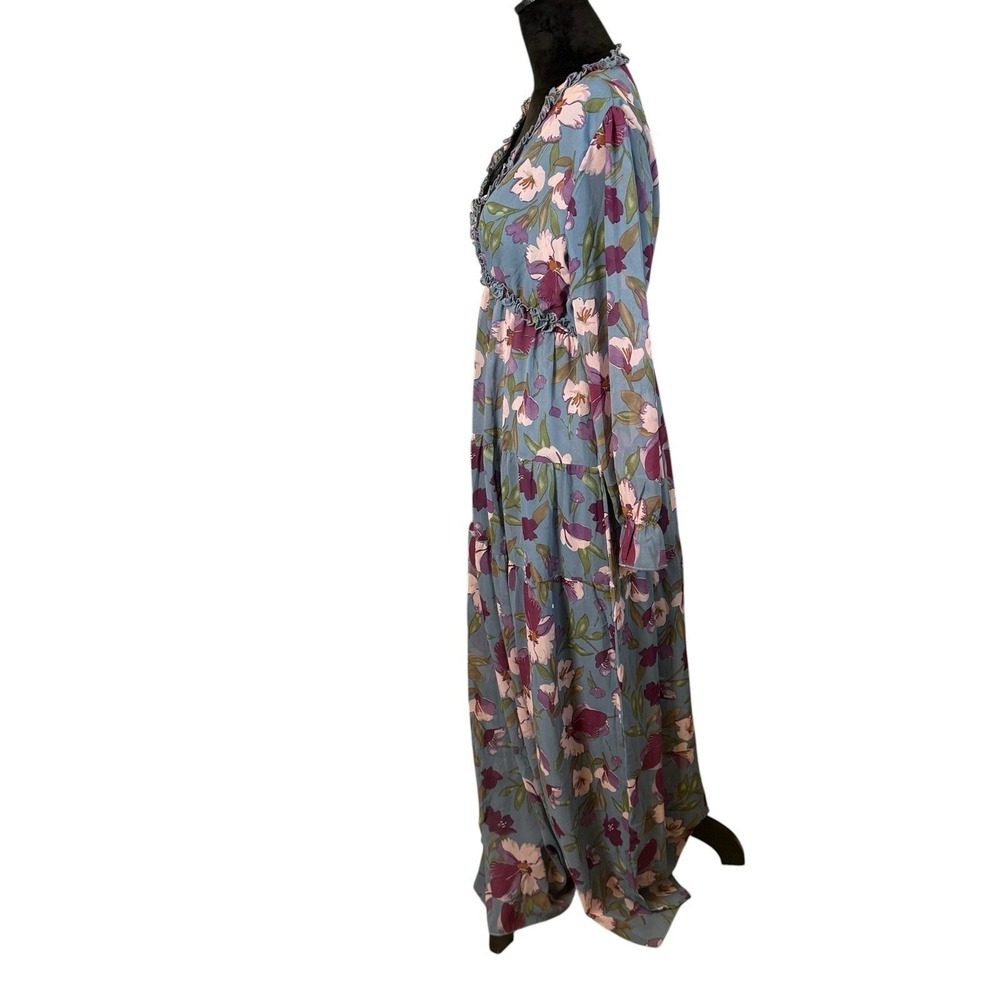 Women's Blue Purple Vivid Floral Print Maxi Dress Ruffle V-Neck Large Bloomcore - Picture 4 of 11